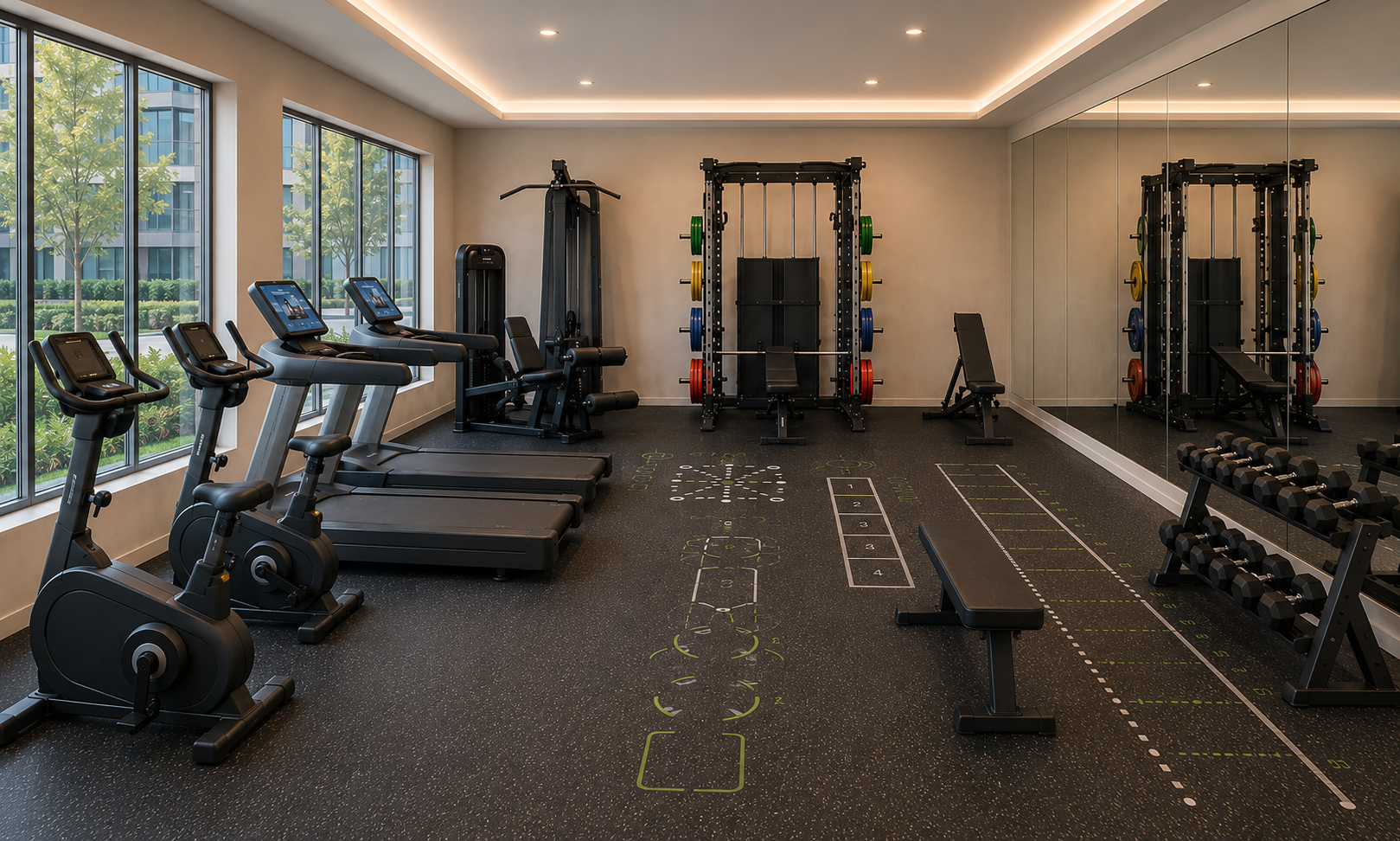 Diseño de gimnasio premium con zonas de cardio, fuerza y entrenamiento funcional